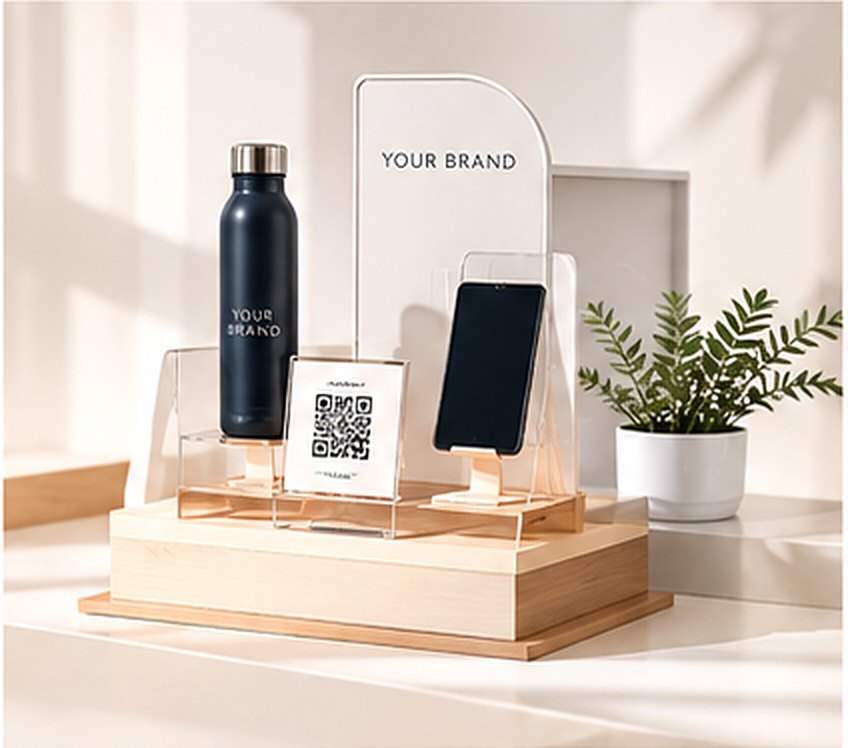 Branded acrylic display stand with bottle, phone stand and QR code sign