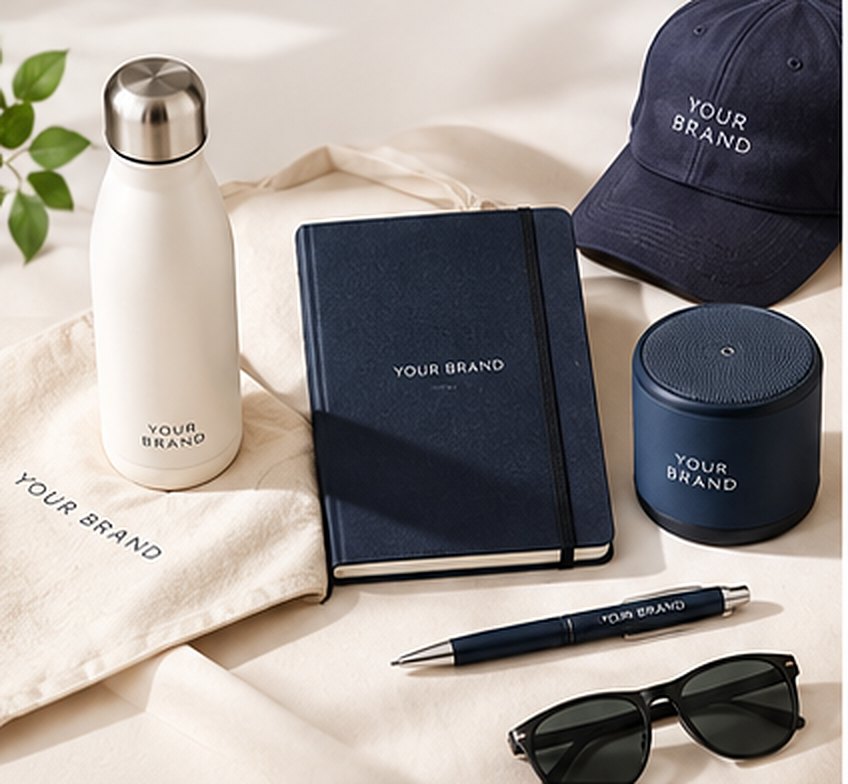 Branded bottle, notebook, cap, speaker, pen, sunglasses and tote bag