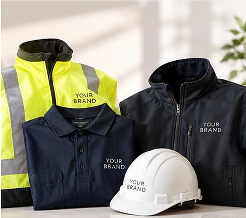 Branded hi-vis jacket, navy polo, softshell jacket and hard hat